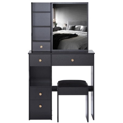 Small Size Left Drawer Desktop Vanity Table + Cushioned Stool, Extra Large Sliding Mirror, Multi Layer, High Capacity Storage Fashionable Dresser