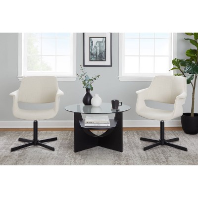 Cream Fabric and Black Metal Swivel Accent Chair