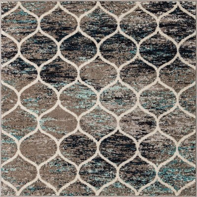 Square Blue and Beige Synthetic Trellis Area Rug