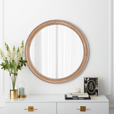 27" Round Decorative Wall Mirror with Distressed Wooden Frame, Farmhouse Style Circle Entryway Mirror for Bedroom, Living Room or Office - Cuddlewood