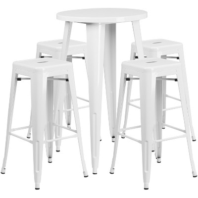 Flash Furniture Commercial Grade 24" Round Metal Indoor-Outdoor Bar Table Set with 4 Square Seat Backless Stools