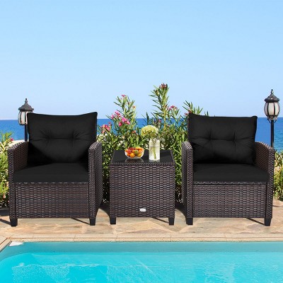 Black Cushioned 3-Piece Steel Frame Outdoor Conversation Set