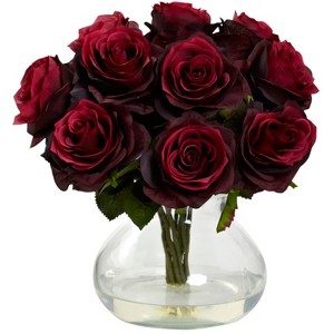 Nearly Natural Rose Arrangement with Vase, Burgundy - 1 of 4