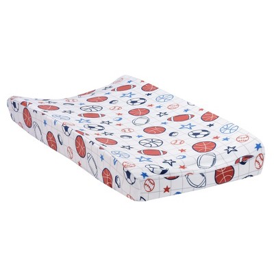 Image of Lambs & Ivy Baby Sports White Changing Pad Cover - Football/Basketball/Baseball