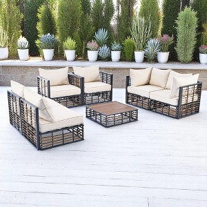 7-Piece Outdoor Sofa Set with Metal Frame, All-Weather Rattan, Cushions, and Adjustable Feet, Free Combination Design - 1 of 4