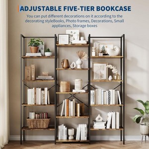 Jojoka Triple Column 5-Tier Bookshelf, 14 Open Shelves Bookcase, Industrial Storage Shelf for Living Room, Home Office, or Study， Brown - 1 of 4