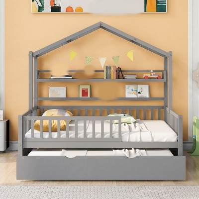 Acekool Full Size House Bed Frame for Kids with Storage Drawers, Safety Rails, Roof Design, Playhouse Bed, White