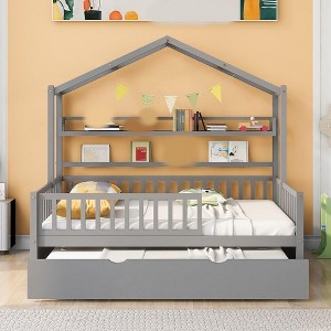 Acekool Full Size House Bed Frame for Kids with Storage Drawers, Safety Rails, Roof Design, Playhouse Bed, White - 1 of 4