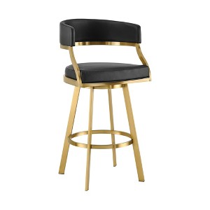 HomeRoots 26" Black and Gold Faux Leather and Stainless Steel Low Back Counter Height Swivel Bar Chair - 1 of 4