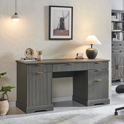 TAJSOON 60" Modern Executive Desk with Storage, Grayish Green