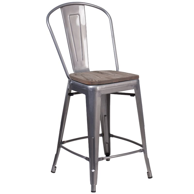Flash Furniture 24" High Clear Coated Counter Height Stool with Back and Wood Seat, 1 of 7