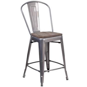 Merrick Lane Clear Coated 24" Counter Height Stool with Powder Coated Metal Frame and Textured Wooden Seat