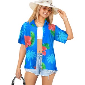 LA LEELA Women's Button Down Blouses Casual Summer Beach Party V Neck Short Sleeve Vacation Button Up Dress Hawaiian Shirts for Women - 1 of 4