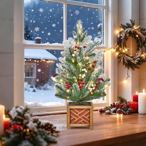 Red and Green, 24" Pre-Lit Mini Christmas Tree with Lights, Balls and Red Berries, DIY Table Top Decoration for Indoor Home - 1 of 4