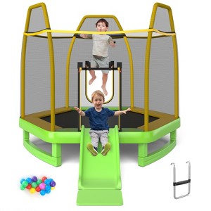 Costway 7FT Kids Recreational Trampoline w/Ladder & Slide Ocean Ball Indoor Outdoor ASTM Green/Blue - 1 of 4