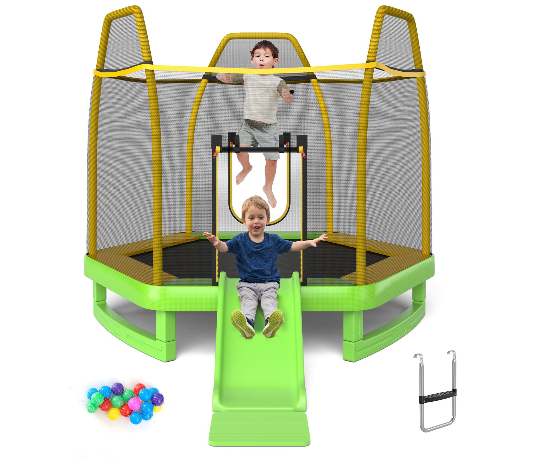 Costway 7FT Kids Recreational Trampoline w/Ladder & Slide Ocean Ball Indoor Outdoor ASTM Green