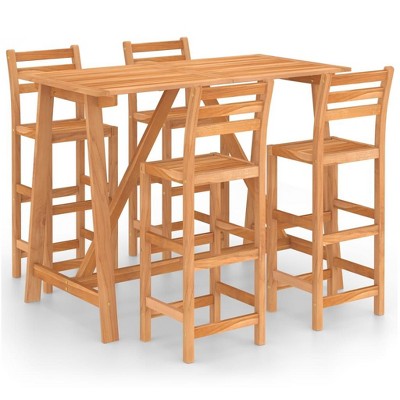 vidaXL Outdoor Patio Bar Set - 5 Piece Garden Bar Furniture Set with Stools - Solid Acacia Wood with Oil Finish - Weather-Resistant - Brown