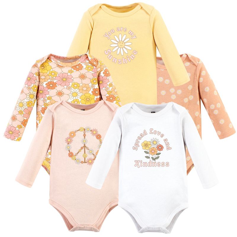 Hudson Baby Infant Girl Cotton Long-Sleeve Bodysuits, Peace Love Flowers 5 Pack, 1 of 8