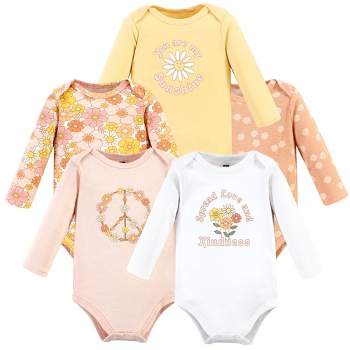 Hudson Baby Infant Girl Cotton Long-Sleeve Bodysuits, Peace Love Flowers 5 Pack