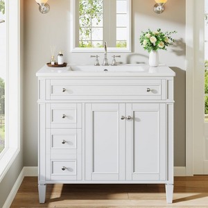 Tribesigns 36" Bathroom Vanity with Sink, Modern Bathroom Sink Cabinet with 4 Drawers & 2 Doors, Bath Storage Vanity Sink with Metal Handles White - 1 of 4