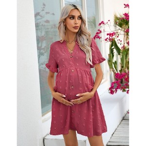 Womens Maternity Dress V Neck Lantern Sleeve Jacquard Dot Pocket Babydoll Baby Shower Dress - 1 of 4