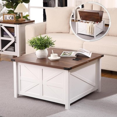 Farmhouse Coffee Table, Square Wood Center Table with Large Hidden Storage Compartment,White