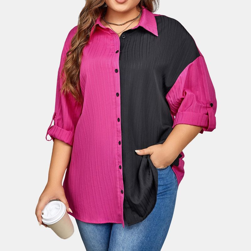 Women's Plus Size Long Sleeve Color Block Button Down Shirt - Cupshe, 1 of 8