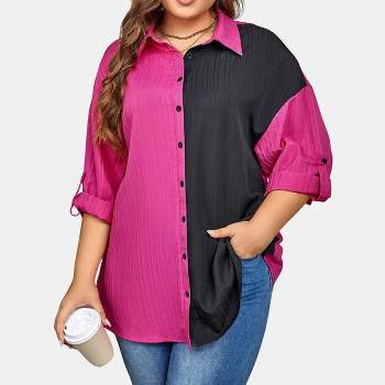 Women's Plus Size Long Sleeve Color Block Button Down Shirt - Cupshe