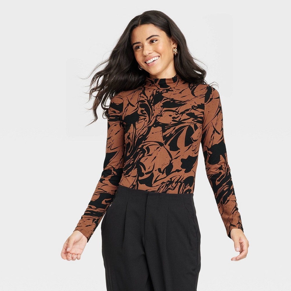Women's Turtleneck Bodysuit - A New Day Brown/Black M