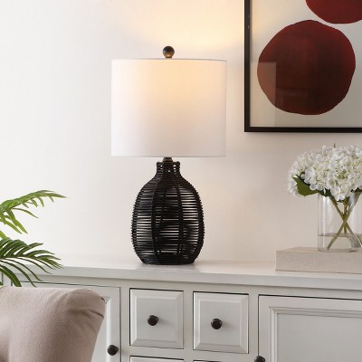 23 Inch Black Rattan Table Lamp with White Cotton Shade