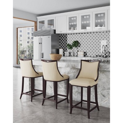 Emperor Cream Faux Leather and Walnut Wood Bar Stools, Set of 2