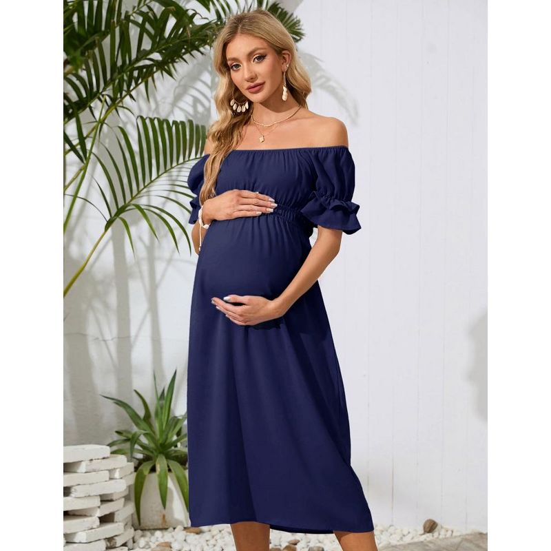 Whizmax Women's Maternity Off Shoulder Dress Ruffle Short Sleeve Summer Casual Flowy Midi Dress Baby Shower Photoshoot, 3 of 9