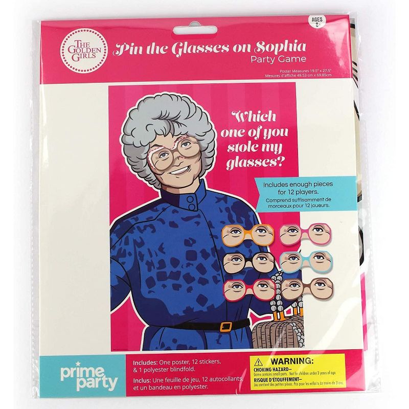 Prime Party The Golden Girls Pin the Glasses on Sophia Party Game | Poster: 19.5" x 27.5", Includes 12 glasses (stickers) and one polyester blindfold., 1 of 4