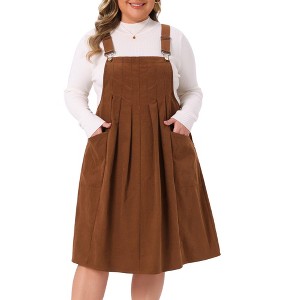 Women's Plus Size Corduroy Adjustable Strap Pleated Midi Casual Overall Pinafore Dress with Pockets - Agnes Orinda - 1 of 4