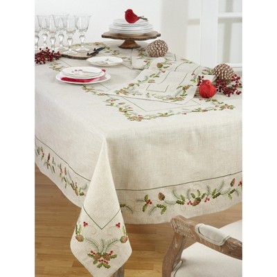 Natural Embroidered Pinecone and Holly Table Runner