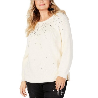 I.N.C International Concepts Womens Embellished Pullover Sweater, Off-White, 3X
