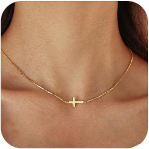 Dainty Gold Cross Necklace for Women, 14K Gold Plated Small Pendant Choker - 1 of 4