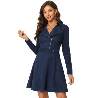 Allegra K Women's Faux Suede Lapel Collar Zip Up Long Sleeve A-Line Mini  Dress Dark Blue Large