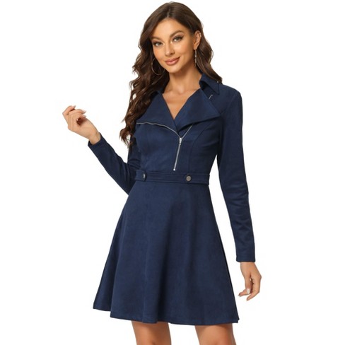 Allegra K Women's Button Down Belted Pleated Flare A-line Denim Shirt Dress  Dark Blue Small : Target