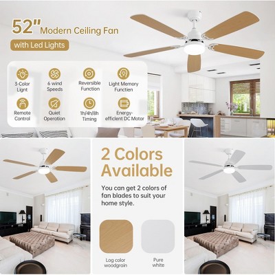 52 Inch Flush Mount & 3 Downrods Ceiling Fans with Lights and Remote Low Profile Ceiling Fan Reversible DC Motor for Bedroom Living Room Patio