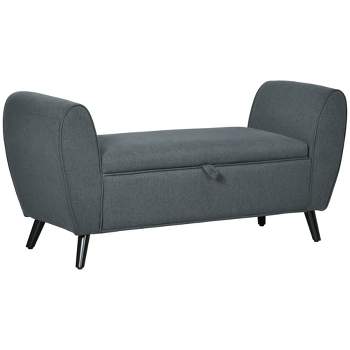 HOMCOM Modern Upholstered Storage Bench with Arms, Linen-Feel Fabric Ottoman Bench for Bedroom, Entryway, and Living Room