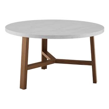 30" Modern Round Y Leg Coffee Table Faux White Marble/Pecan - Saracina Home
