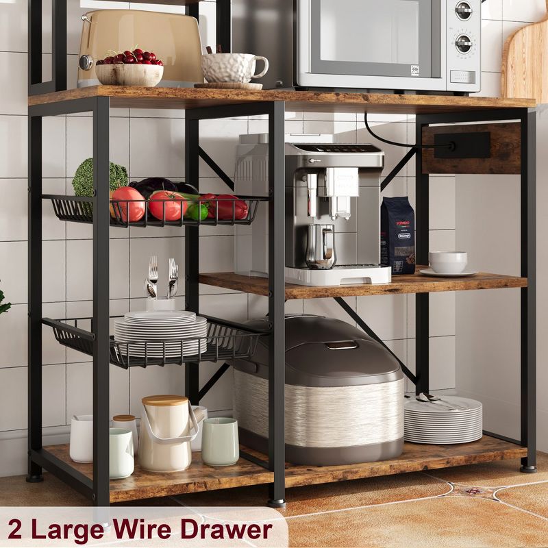 Bakers Rack with Power Output, Coffee Bar Station with 2 Big Metal Basket, Dining Room Large Storage Rack, Microwave Stand, Coffee Stand Station, 5 of 8