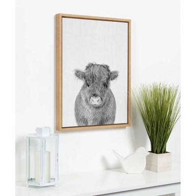 Natural Wood Framed Black and White Baby Calf Canvas Print