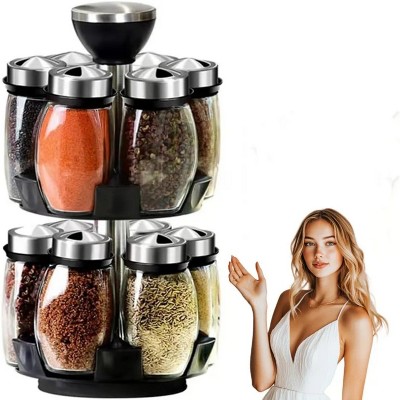 LunaLulinlk 12 Glass Jar Bottles Set Revolving Spice Rack Organizer Storage