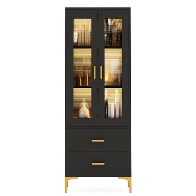 Resenkos Bookshelf, Bookcase Standing Shelf Unts,Freestanding Bookcase Bookshelf with LED Light, Doors & 2 Drawers,Black