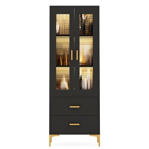 Resenkos Bookshelf, Bookcase Standing Shelf Unts,Freestanding Bookcase Bookshelf with LED Light, Doors & 2 Drawers,Black - 1 of 4