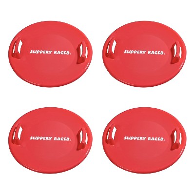Slippery Racer Heavy-Duty Cold Resistant Downhill Pro Adults and Kids Plastic Outdoor Winter Saucer Disc Snow Sled with Handles, Red, 4 Pack