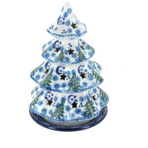 Blue Rose Polish Pottery 512 Ceramika Artystyczna Small Christmas Tree Luminary - 1 of 2