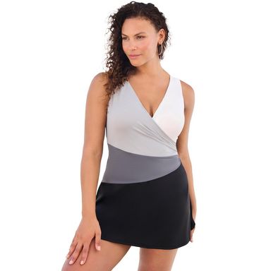 Swim 365 Colorblock Fit-And-Flare Swim Dress - 30, Black White Colorblock